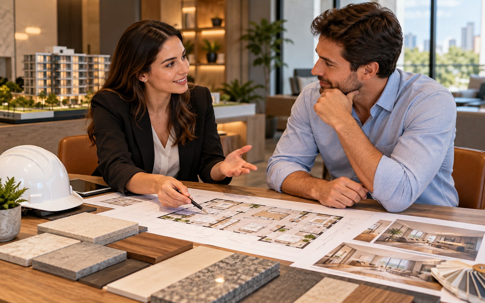 Cliente e consultora conversam sobre plantas e materiais de obra