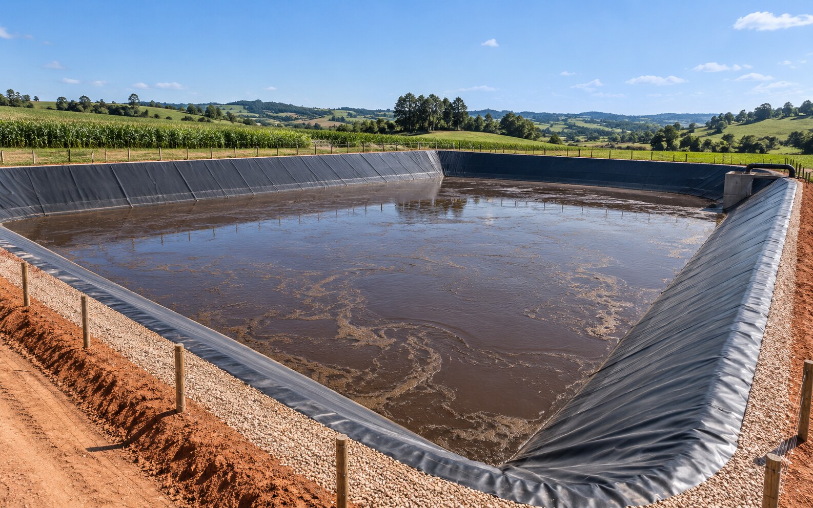 Esterqueira rural com contenção e geomembrana.
