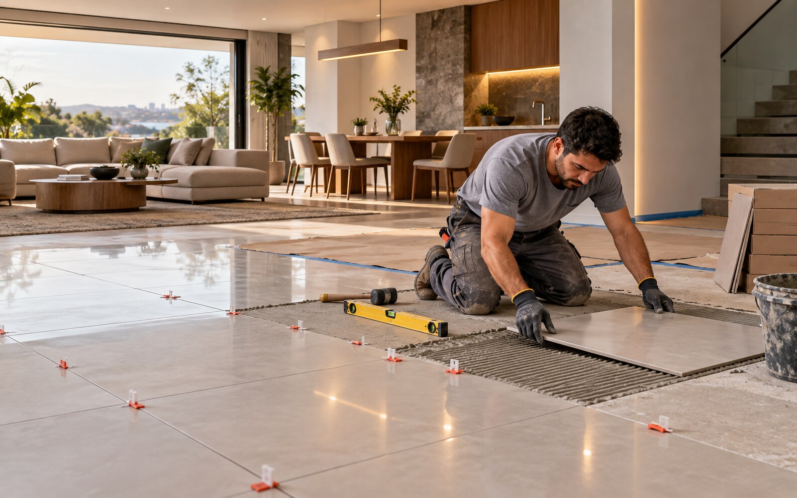 Instalação de piso durante uma reforma em imagem conceitual, não referente a uma obra específica.